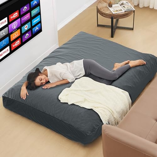 Adult Charcoal Bean Bag Chair Bed - Convertible Floor Sofa with Support & Soft Cover