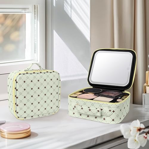 Travel Makeup Bag with 360° Rotating LED Mirror Waterproof Organizer - Green & Yellow