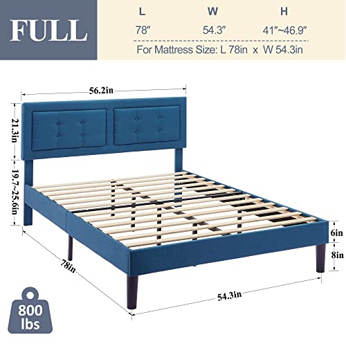 Full Size Bed Frame with Adjustable Headboard - Velvet Upholstered, Sturdy Metal Support