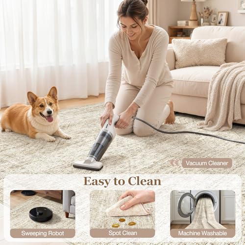 Beige Brown 8x10 Abstract Distressed Washable Area Rug for Living Room