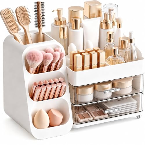 Large White Makeup Organizer for Vanity with 2 Drawers & Brush Holder - Clear Display