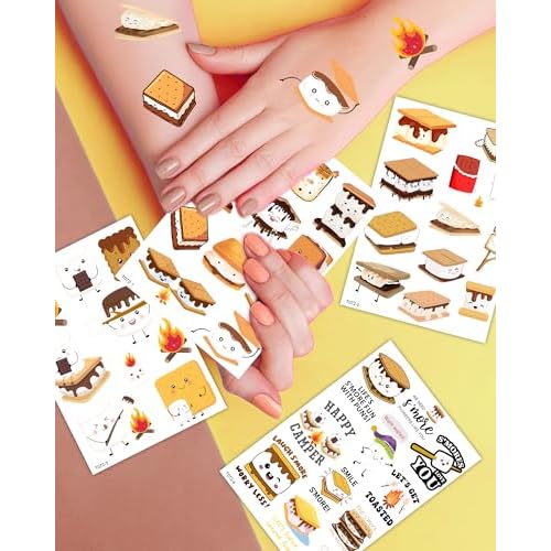 180 Pieces Smores Temporary Tattoos Stickers,16 Sheets Marshmallow Themed Tattoos Stickers Party Decoration Supplies for Adults