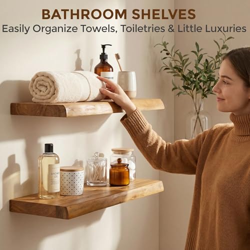 Natural Live Edge Floating Shelves Set of 2 - 24 Inch Rustic Elm Wall Shelves