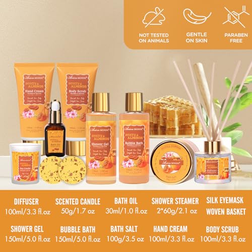 Honey Almond Bath & Body Gift Set for Women - 13pcs Spa & Self-Care Gift Basket