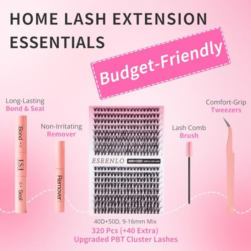 320pcs Lash Clusters 9-16mm 40D 50D Eyelash Extension Kit, Individual Lashes Kit with Bond and Seal, Lash Tweezers