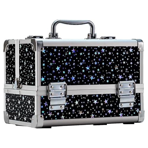 Leeora&Leekoo Makeup Train Case Cosmetic Box Portable Makeup Case Organizer 2 Trays Makeup Storage with Mirror for Cosmetologist Aesthetic Supplies Nail Tech Traveling Makeup Box (Flashing Star)