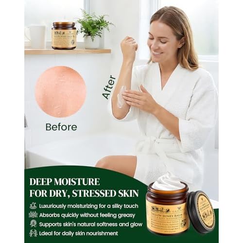 Beef Tallow for Skin: Whipped Beef Tallow Cream for Face & Body, Natural Moisturizing Cream with Honey and Beeswax, Grass-Fed Beef Tallow &Honey Blend, Lightweight Hydration for Dry Skin, 4.2Oz