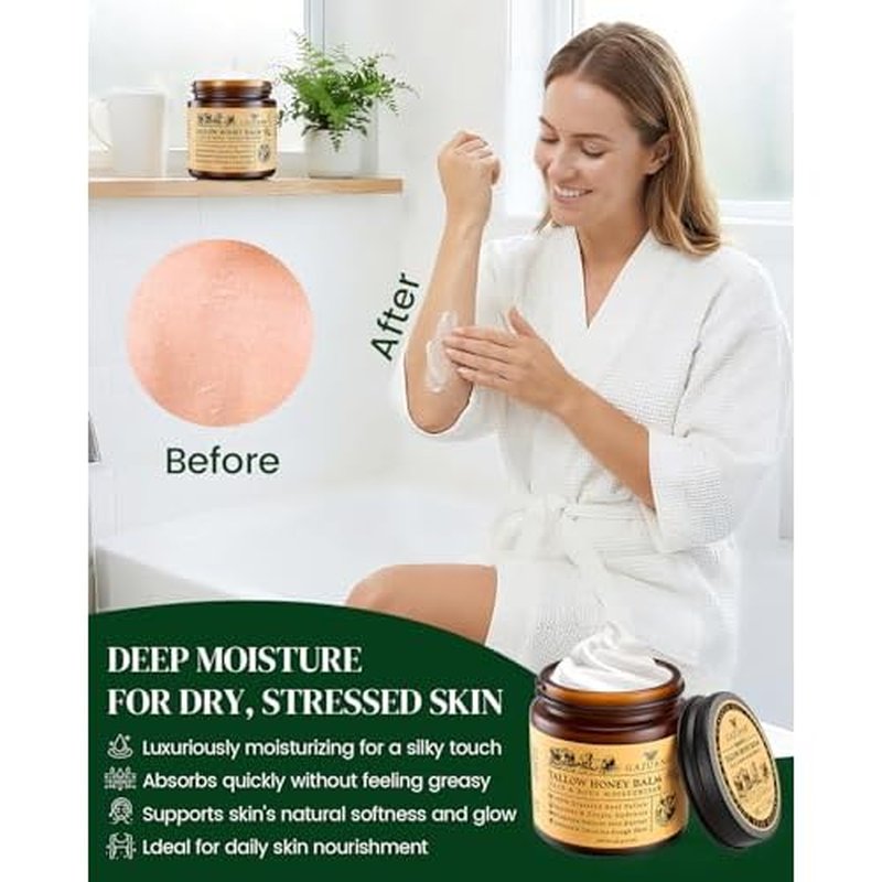Beef Tallow for Skin: Whipped Beef Tallow Cream for Face & Body, Natural Moisturizing Cream with Honey and Beeswax, Grass-Fed Beef Tallow &Honey Blend, Lightweight Hydration for Dry Skin, 4.2Oz