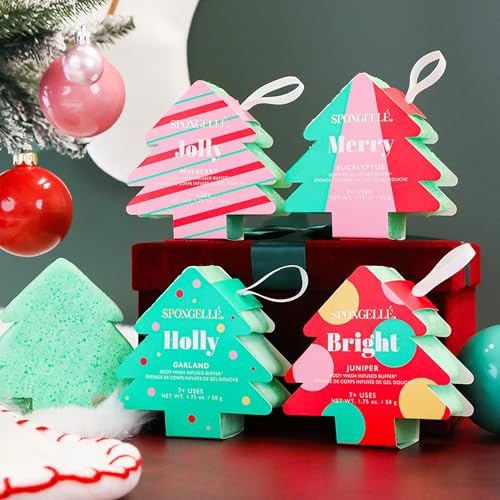Spongelle Holiday Tree-Shaped Body Wash Buffers 4-Pack - Festive Christmas Ornament Gift Set