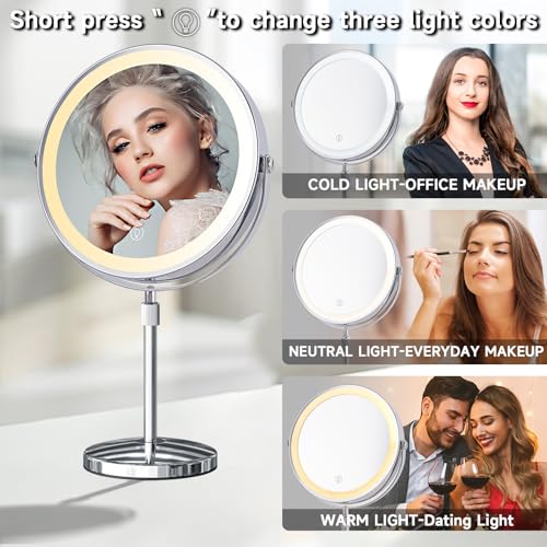 9 Inch Double Sided Makeup Mirror with Lights - 1X/10X Magnification, Rechargeable, 360° Rotation, Adjustable Height - Variation: 9" & 1x/10x