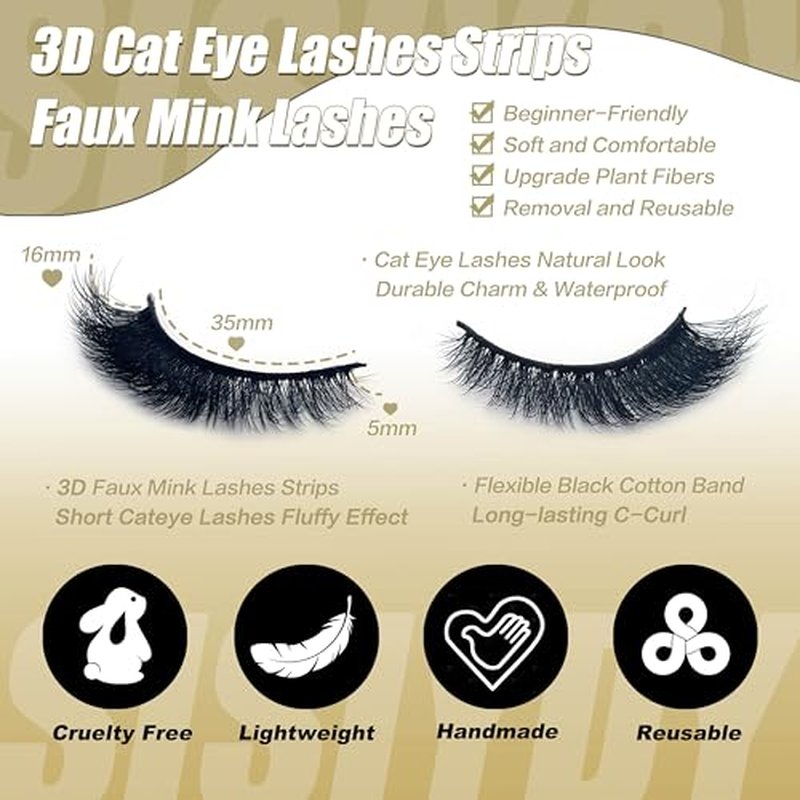 Cat Eye Lashes 16mm Short Fluffy False Eyelashes Natural Look Soft Faux Mink Eye Lashes Strips 14 Pairs Pack Volume Fox Eyelashes for Day & Night Makeup YH211