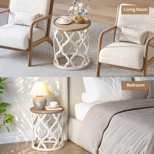 Farmhouse End Table with Tray - French Country Round Side Table Beige 18.5 In - Karlott