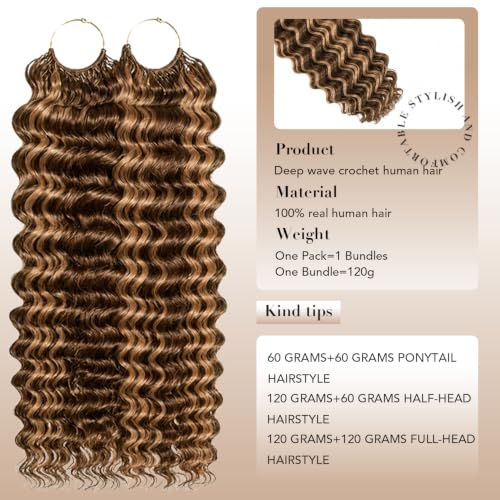 Deep Wave Crochet Hair Bundles 14 Inch Human Hair for Black Women - Honey Blonde Highlights, 120g, Feather Design