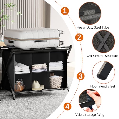 Foldable Luggage Rack with Storage Shelf for Guest Room Black - 2 Pack