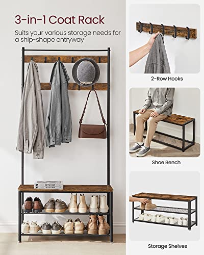 VASAGLE Rustic Brown & Black 3-in-1 Coat Rack with Shoe Storage Bench (33.5W) – Hall Tree
