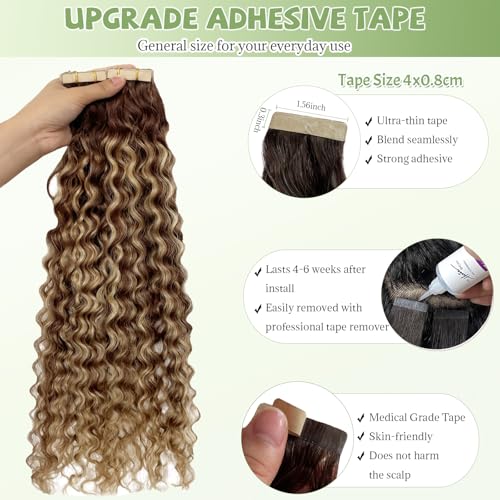 Munx 18 Inch Medium Brown Highlight Water Wave Tape-In Hair Extensions 50G #4/27