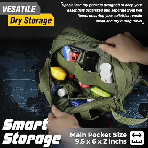 DBTAC Tactical Toiletry Bag for Men | Dry Wet Separate Hygiene Bag Compact Dopp Kit Mens Shaving Kit Travel shower Bag (Green)
