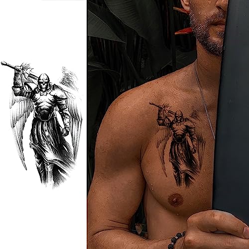 Cool Warrior Roman Temporary Tattoo For Men, Large Black Realistic 3D Greek God Gladiator Fake Tattoo Adult Teen Boy, Spartan Knight Lion Cross Temp Tatoo Sticker Half Sleeve Arm Chest Body, 8-Sheet
