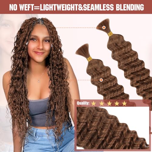 Auburn Ginger Deep Wave Human Braiding Hair - 18 Inch, 50G, 1 Pack, Brazilian Virgin, No Weft, Wet & Wavy Boho Braid Extensions