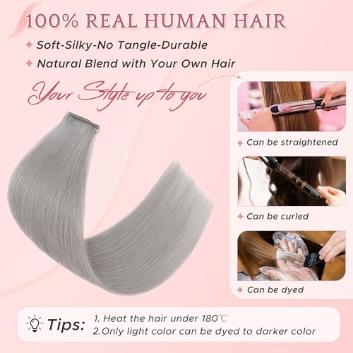 SEGO 12 Inch Clip-In Human Hair Extensions - Silver Grey Remy Straight Natural Hair, 6 Pcs