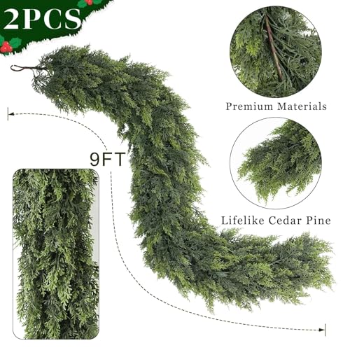 2 Pack 9FT Artificial Christmas Cedar Garlands for Fireplace Decoration - Lifelike Faux Greenery