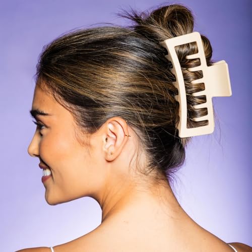 Gimme Beauty XL Rectangle Double Teeth Claw Clip - Extra-Large Accessory for Strong Hold - Perfect for Long, Thick, Curly Hair - Non-Slip Clip for Everyday Wear - Tan