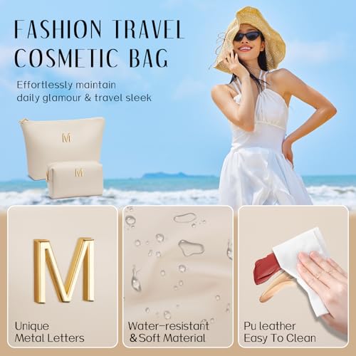 Birthday Gifts for Women Initial Makeup Bag Set Personalized Girl Cosmetic Travel Toiletry Bag Gifts for Bridesmaid Friend Graduation Teachers(Beige,M)