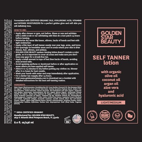 Self Tanner with Tanning Mitt - Organic Sunless Lotion for Light/Medium Tan 8oz