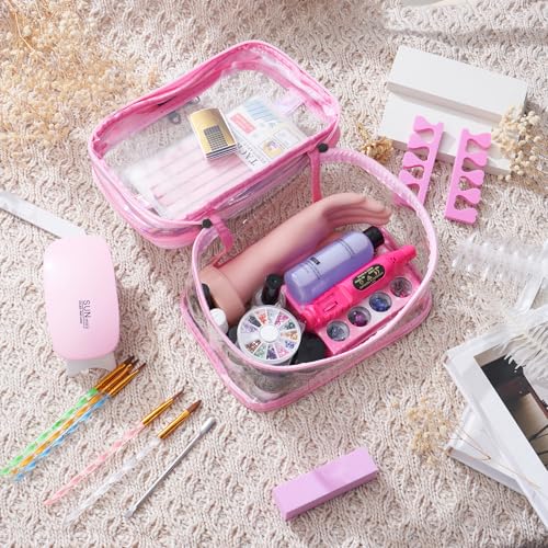 Nail Kit for Beginners with Everything: Practice Nail Hand Acrylic Set Professional Powder Liquid Starter Kits with Drill U/V Lamp in Cosmetic Gift Bag for Salon Home (Pink)
