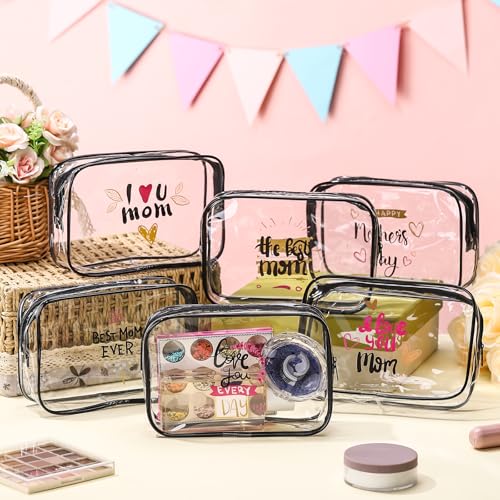 Mother's Day Clear Makeup Bags Set - 12 PVC Zipper Pouches, 6 Styles