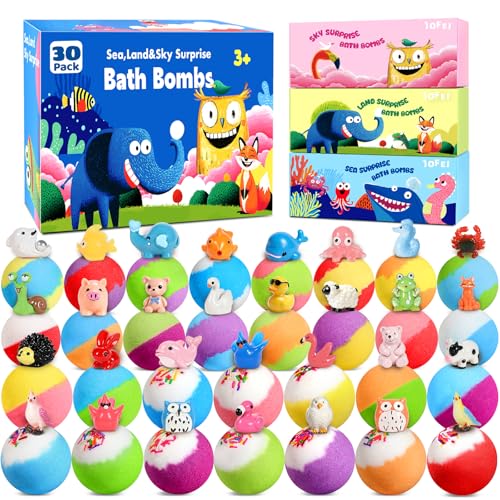 30-Pack Kids Bath Bombs with Toys Inside – 3 Themes Ocean Land Sky, 10 Surprises, Gentle Bubble Bath