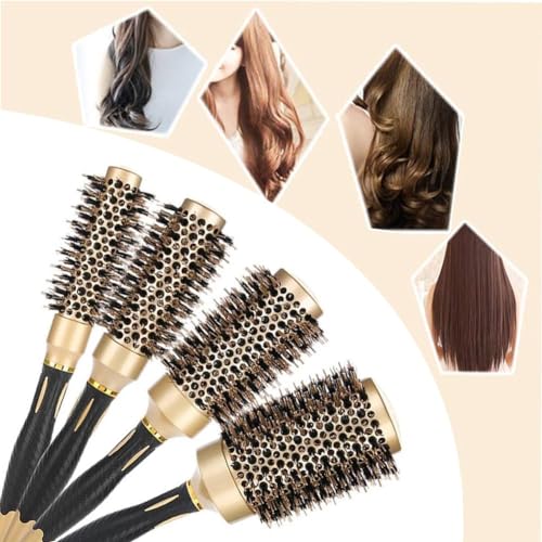 Aozzy 4pc Gold Black Handle Boar Bristle Round Hair Brush Set for Blowouts & Styling