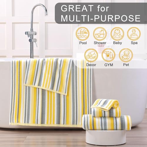 Yellow Gray Cotton Washcloths 6 Pack - 13x13 Inches, Quick Dry, Striped