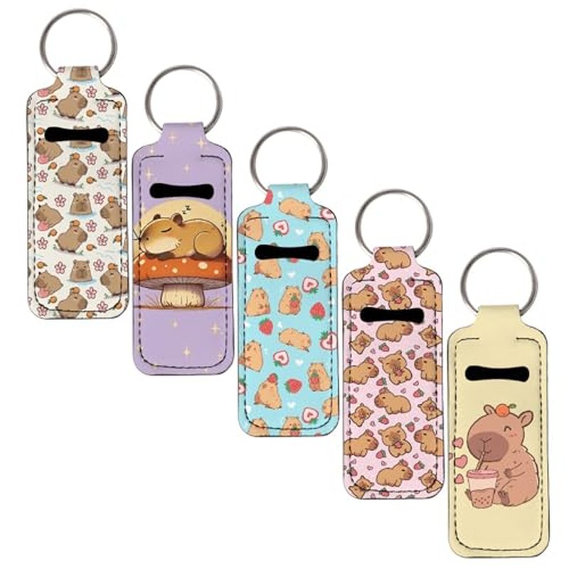 Capybara 5 Pieces Lipstick Keychain Holder Lip Balm Holder Keychain Chapstick Lip Gloss Holder Cute Lipstick Pocket Lip Balm Sleeve Keyring Travel Accessories