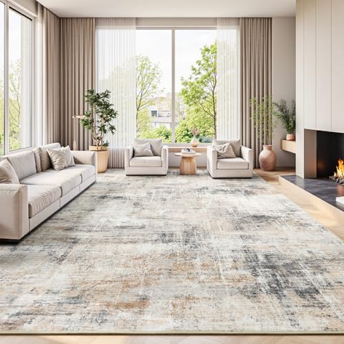 Grey & Gold 9x12 Area Rug - Abstract Washable Non-Slip Living Room Carpet