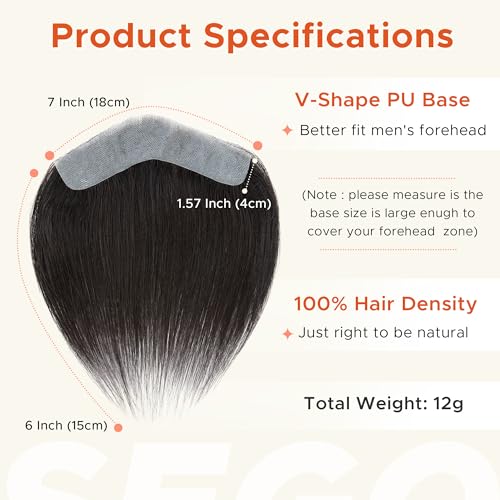 SEGO Men's Human Hair Toupee V-Shape Hairpiece 1.57x7 Inches for Natural Hairline