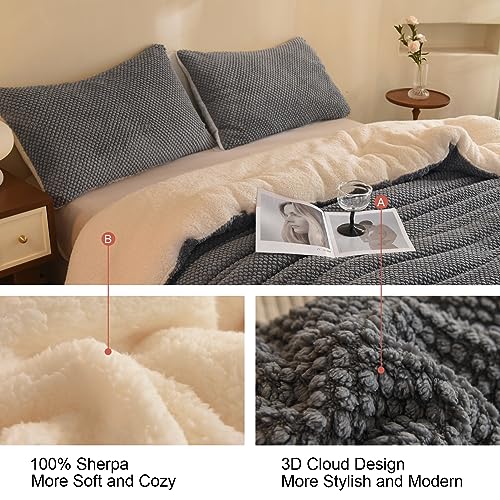 Queen Size 3D Jacquard Comforter Set with Sherpa Fleece - Grey, 3 Pieces