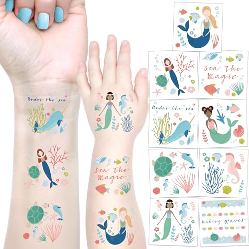Cheerland Mermaid Temporary Tattoos Under the Sea Creature Stickers Underwater Arts for Ocean Theme Birthday Decoration Beach Baby Shower Picnic School Rewards Party Favors 108pcs