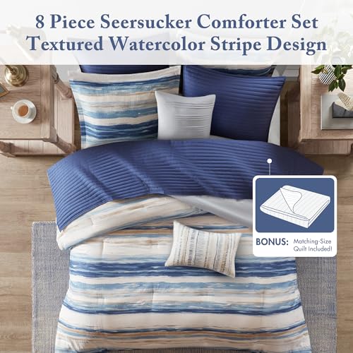 King Marina Coastal Stripes Blue Comforter Set - 8PC Microfiber Bedding