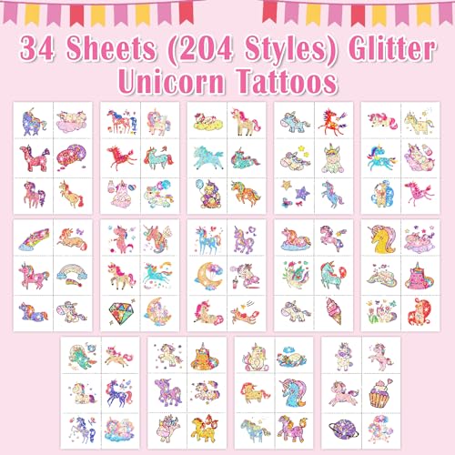 Partywind 204 Styles Glitter Temporary Tattoos for Kids Girls, 34 Sheets Perforated Tattoo Stickers for Girls Party Supplies Favors, Birthday Goodie Bag Stuffers Games Toys