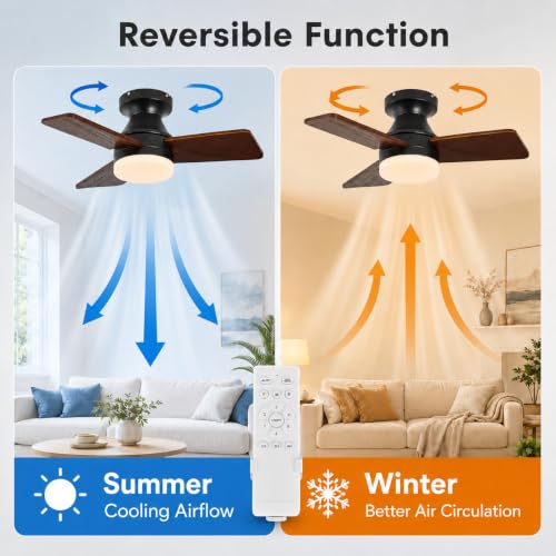 30 in Walnut Wood Ceiling Fan with Light & Remote, 3-Blade Flush Mount