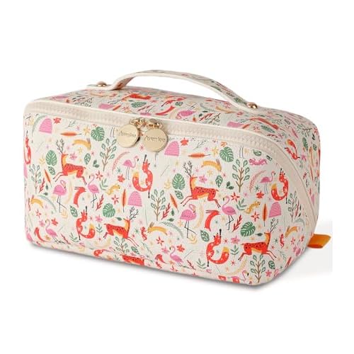 Aveniee Travel Makeup Bag for Women, Large Cosmetic Organizer with Open-Flat Design, Clear Divider & Handle - Waterproof PU Leather Toiletry Pouch