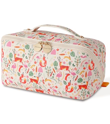 Aveniee Travel Makeup Bag for Women - Zoo Animals Large Cosmetic Organizer, Waterproof PU Leather, Flat Design