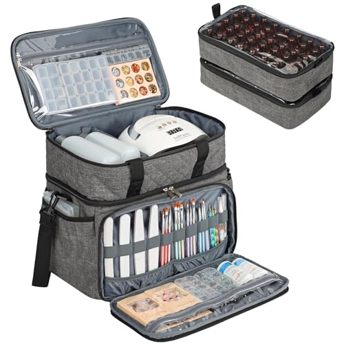 HOMEST Double Layer Nail Polish Organizer Holds 80 Bottles (15ml/0.5 fl. oz) and a Lamp, Case with 2 Removable Pouches for Manicure Tools Storage, Grey(Bag Only)