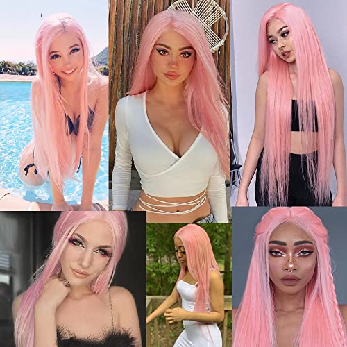 A-Light Pink Synthetic Lace Front Wig Long Straight Hair Natural Hairline Glueless Heat-Resistant Fiber for Women