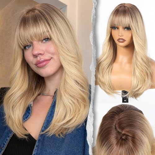 Honey Cream Blonde Wig with Bangs - 22 Inch Layered Voluminous High Crown Style - Realistic Scalp for Women, Versatile & Easy to Wear