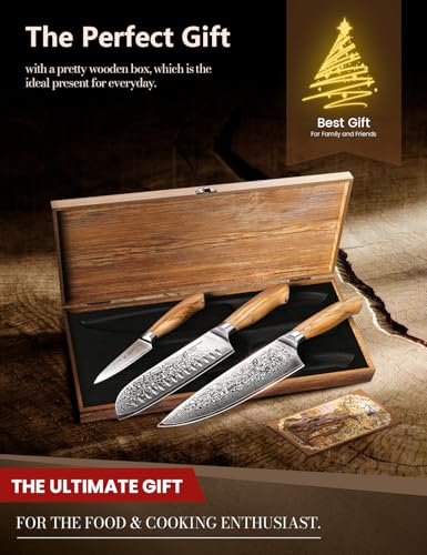 Emojoy 3-Piece Japanese Damascus Steel Knife Set with Olive Wood Handles & Gift Box - Variation 3