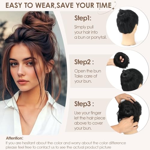 KISANOF 2 Pack Human Hair Messy Bun Hair Piece Honey Brown Highlighted with Elastic Band - Salon Quality