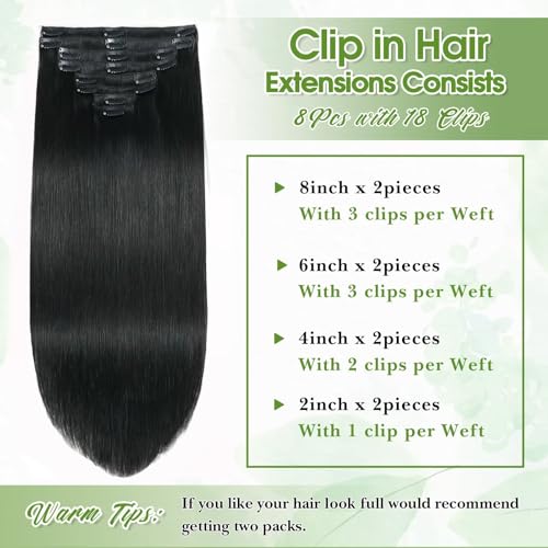 TOHASI Jet Black 1# 20-inch Human Hair Clip-in Extensions 8pcs Seamless Brazilian