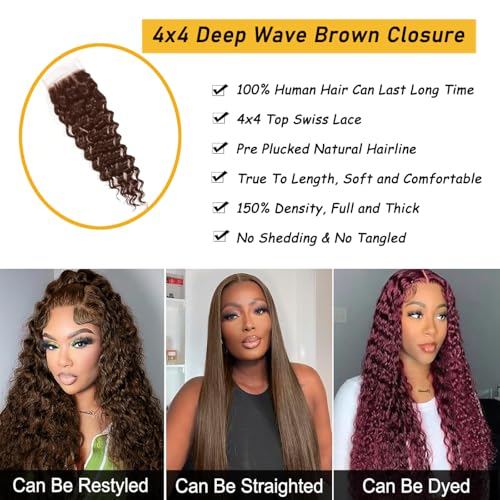 KAFEIER Brown Deep Wave Lace Closure 4x4, 10 Inch Brazilian Virgin Remy Hair